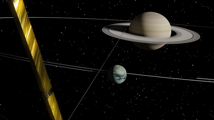 Artwork of Saturn, Titan, and the Cassini spacecraft.