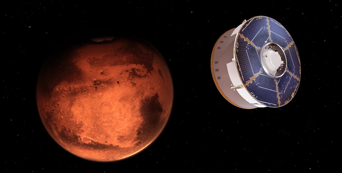 Artist's rendering of a spacecraft with blue solar panels approaching Mars in space.