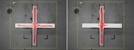 A plus-shaped arena. Left, red lines criss cross through the whole space. Right, red lines are confined only to one axis of the arena.