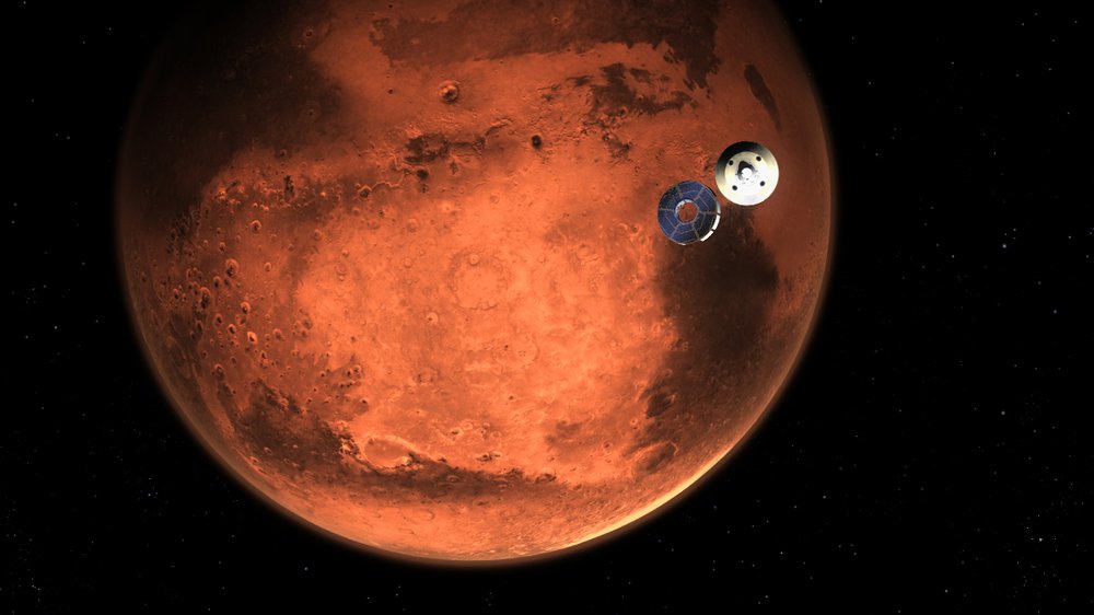 An artist&#x27;s rendering of a spacecraft separating from its cruise stage as it nears Mars.