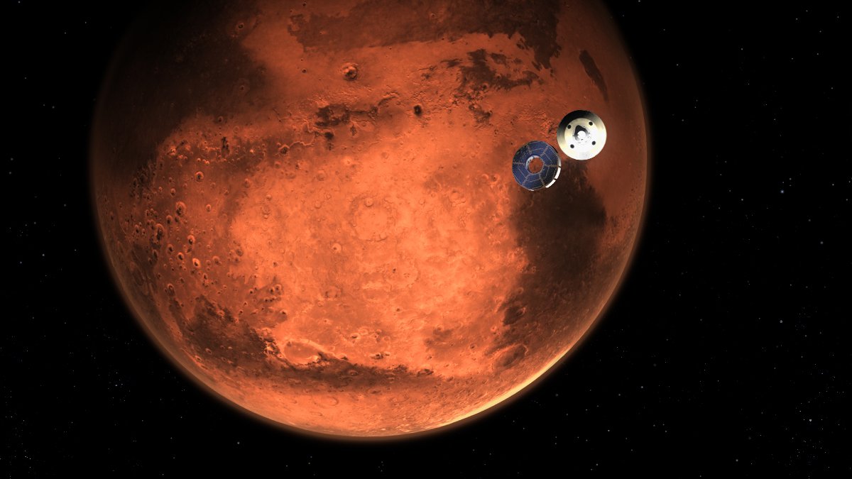 An artist's rendering of a spacecraft separating from its cruise stage as it nears Mars.
