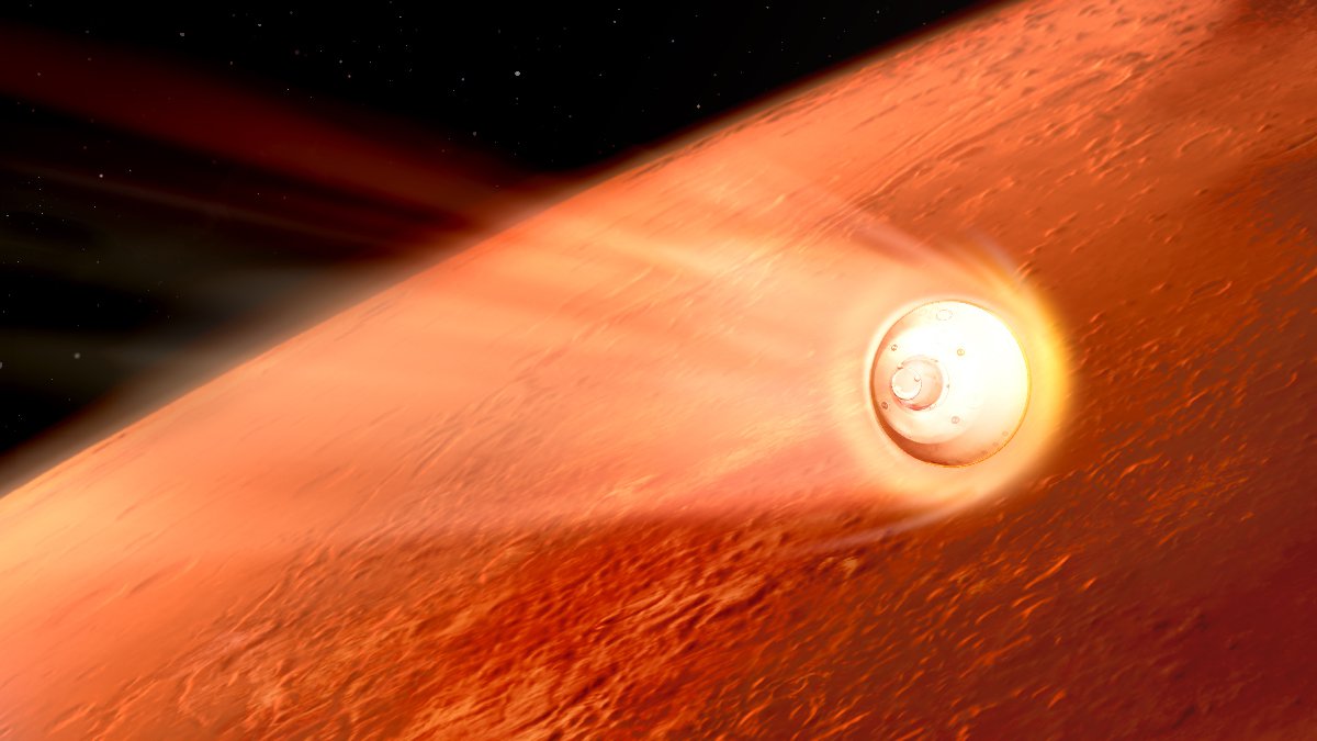 An artist's rendering of a spacecraft with hot plasma around it as it passes into the Martian atmosphere.