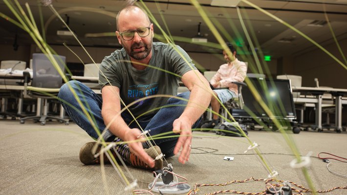 David Bowen adjusting grass stalks