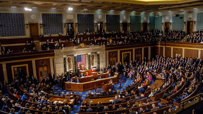 Aerial photo of U.S. Representatives in Congress in session