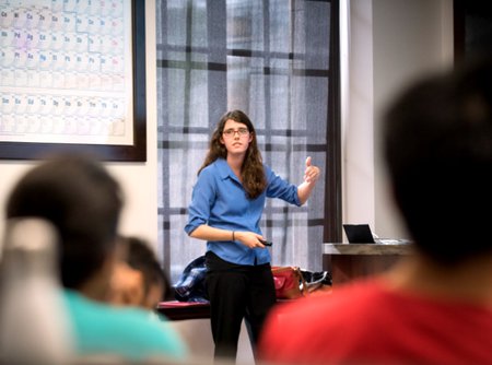 Graduate student Kelsey Boyle, who is co-teaching (with Rebekah Silva), a tutorial course on DNA and cancer for the newly reinvented Chemistry 101. Photo/Caltech
