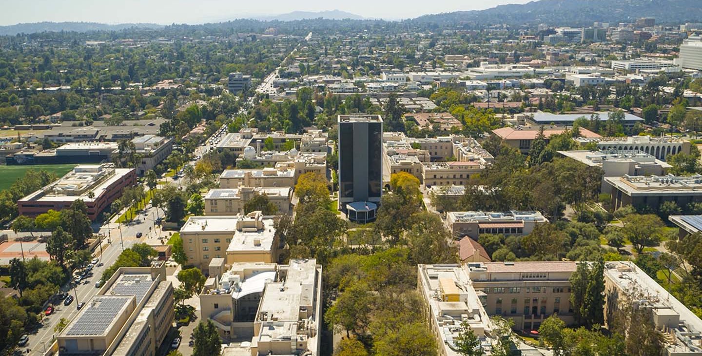 aerial photo of Caltech campus with newly renamed Caltech Hall in the center