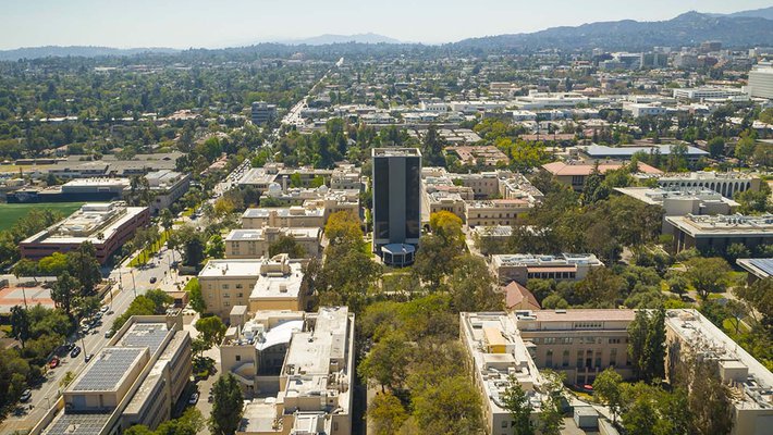 aerial photo of Caltech campus with newly renamed Caltech Hall in the center