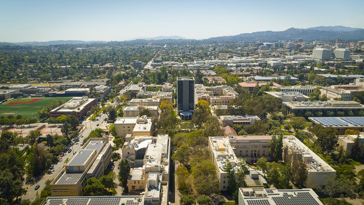 aerial photo of Caltech campus with newly renamed Caltech Hall in the center