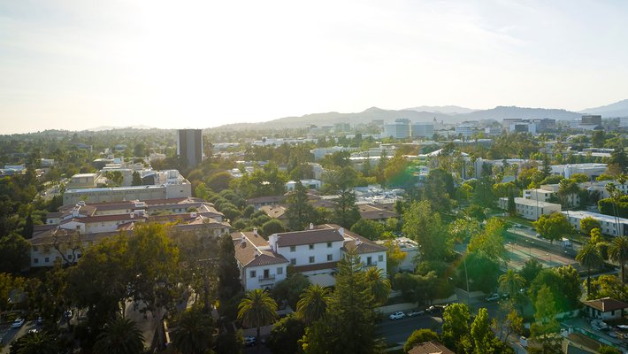aerial view of Caltech looking northwest from the southeast corner of campus