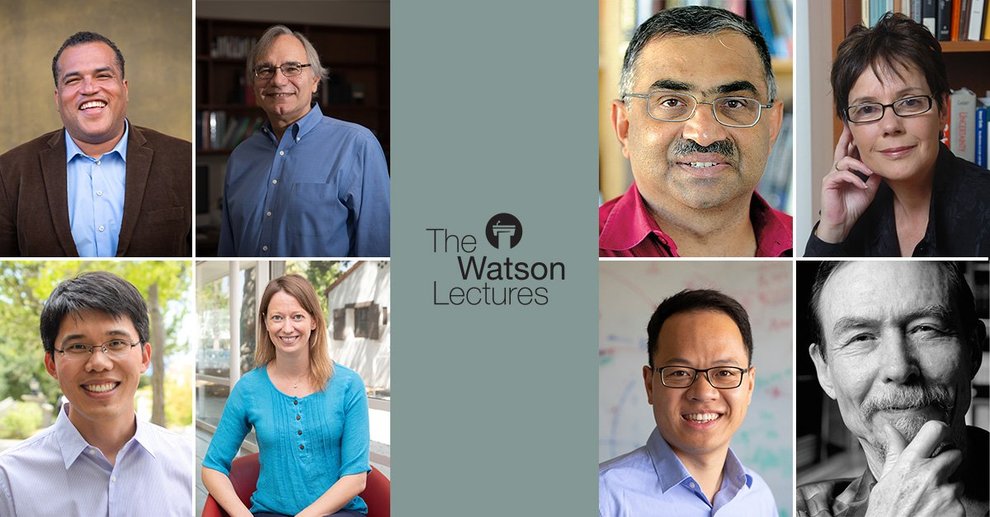 Portraits of the 2023-24 Watson Lecture Series speakers: Hosea Nelson, Richard Andersen, Wei Gao, Bethany Ehlmann, Shri Kulkarni, Diana Kormos Buchwald, Zhongwhen Zhan, and Carver Mead