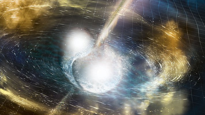 Artist’s illustration of two merging neutron stars.