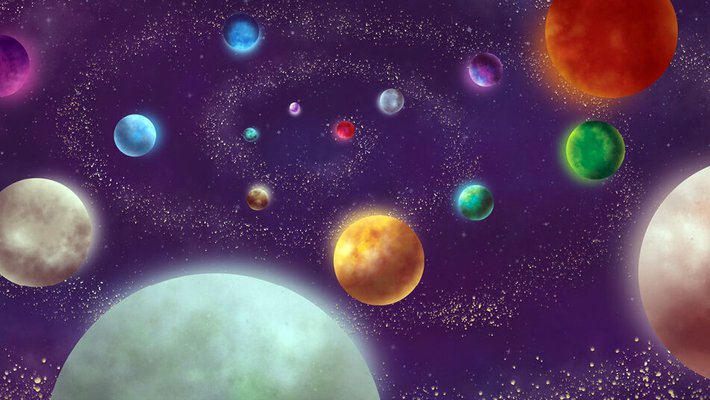 graphic illustration of a cluster of colorful planets