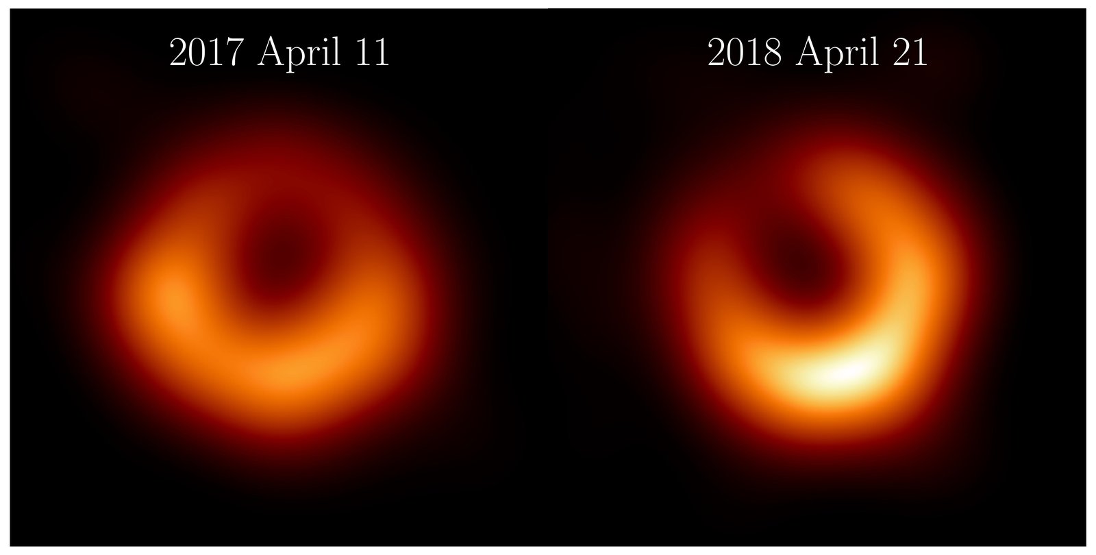 An image of the M87* black hole. It appears like a blurry and lumpy glowing donut on a field of black.