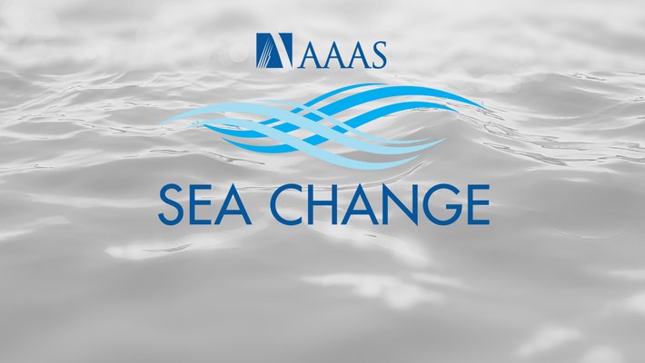 Watery background with logo and words for "AAAS" and "SEA CHANGE"