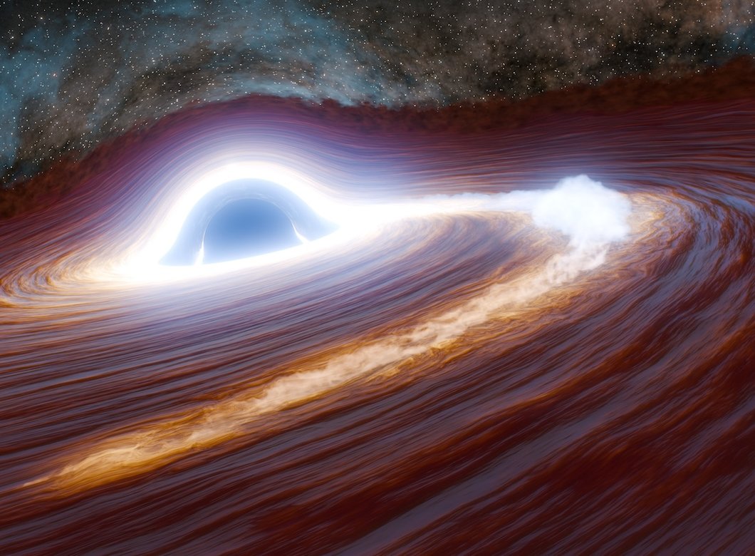 A black hole surrounded by debris is depicted garbling a star that has been shredded and appears as bright light swirling into the black hole.