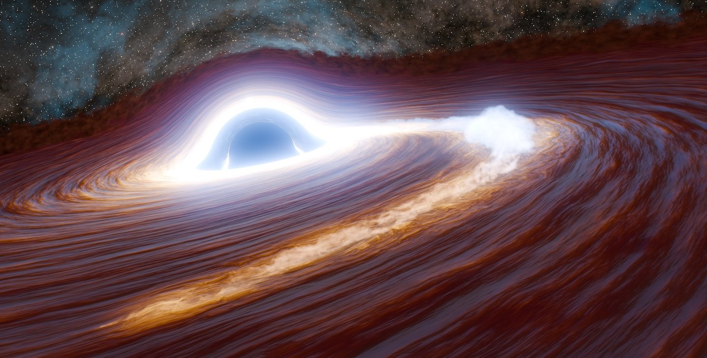 A black hole surrounded by debris is depicted garbling a star that has been shredded and appears as bright light swirling into the black hole.