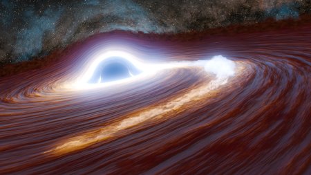 A black hole surrounded by swirling dust is seen gobbling up a star--which appears as a bright mass swirling into black hole.