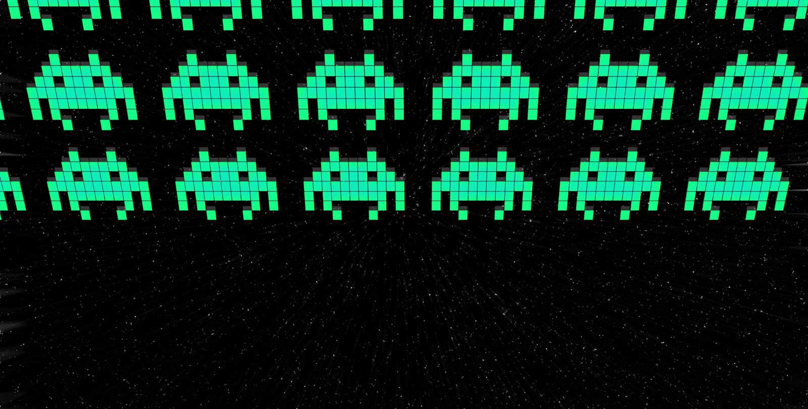 Rows of small pixelated "space aliens"