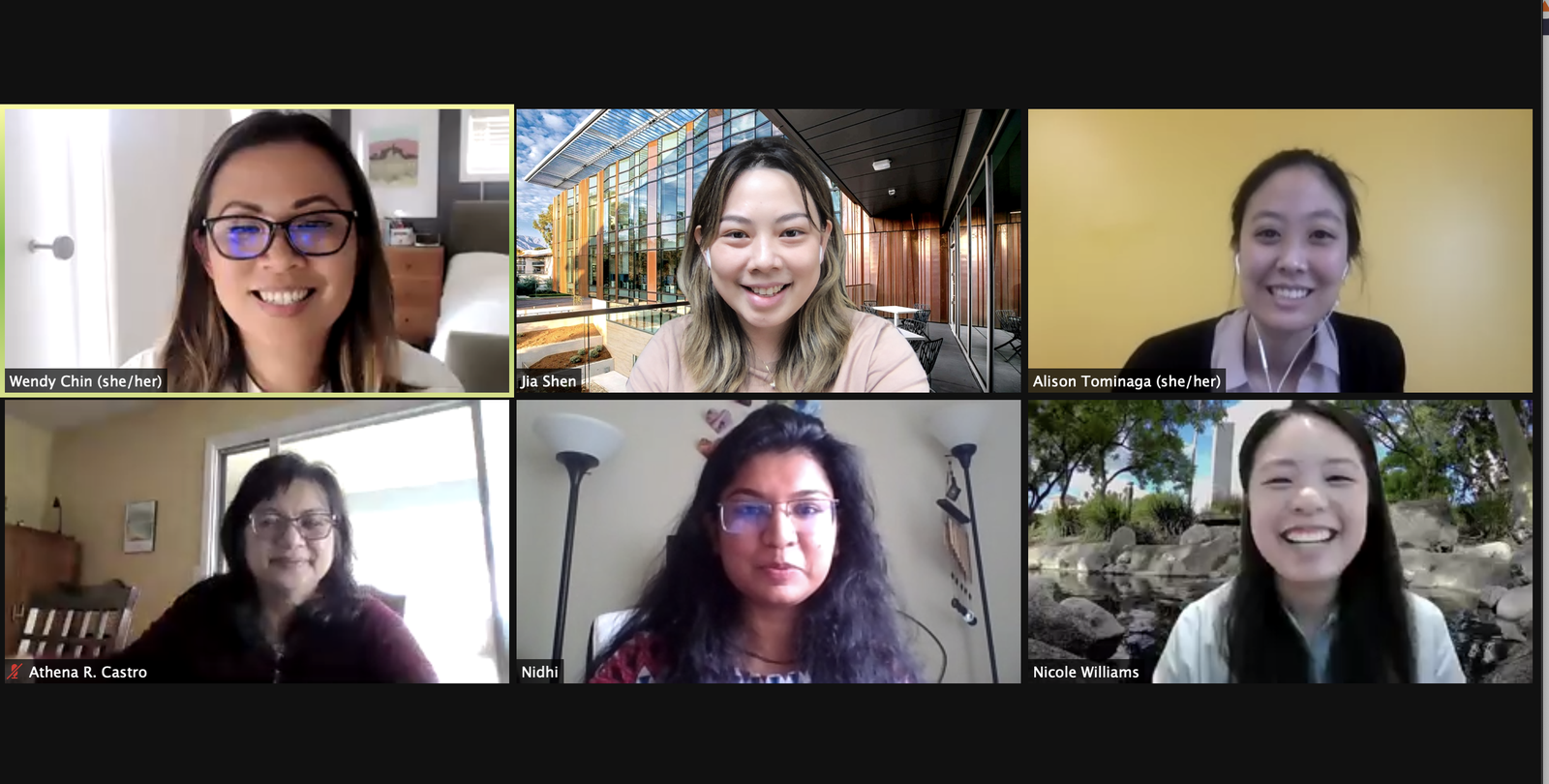 A laptop screen shows a zoom meeting gallery featuring members of the APACT leadership team. Top: Wendy Chin, Jia Shen, and Alison Tominaga. Bottom: Athena Castro, Nidhi Bansal, and Nicole Williams