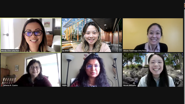 A laptop screen shows a zoom meeting gallery featuring members of the APACT leadership team. Top: Wendy Chin, Jia Shen, and Alison Tominaga. Bottom: Athena Castro, Nidhi Bansal, and Nicole Williams