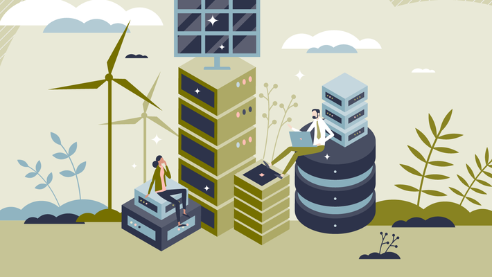 a cartoon image representing greener computing with a man and a woman sitting in a scene with wind power towers, monitors, computing units, but with clouds overhead and plants sprouting up