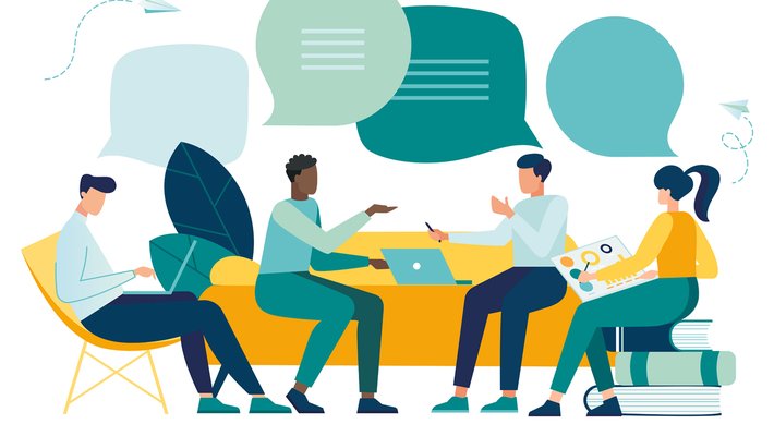 Six cartoon figures are shown from the waist up shaking hands. Above them are text cartoon bubbles which are empty.