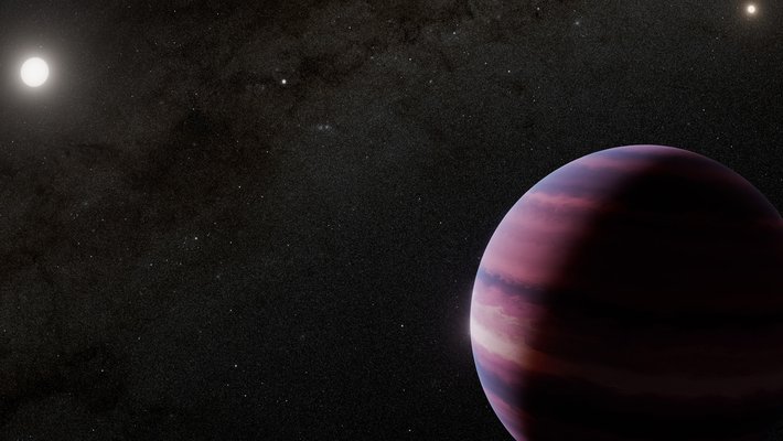 Pinkish streaked planet is seen in foreground, with two bright stars in background.