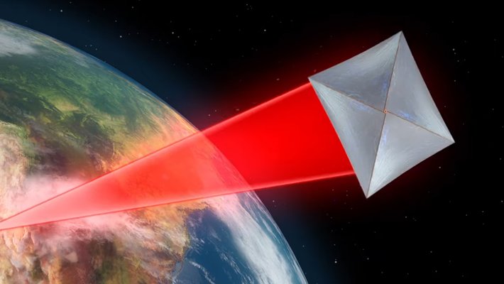 An artist's rendering showing a gray or silver square sail being pushed through space by a red laser beam. Earth is in the background.