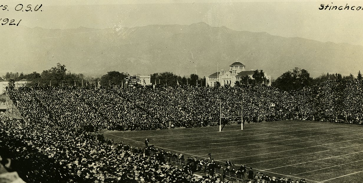 large crowd in a football stadium, marked U. Calif vs. O.S.U. Jan 1, 1921
