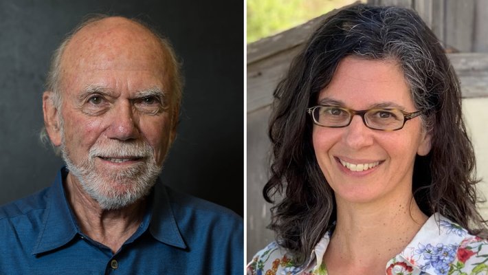 Two portraits, Barry Barish on the left and Dianne Newman on the right. Barish wears a navy blue shirt and has a white mustache and beard; Newman has long dark hair and glasses and wears a flowered shirt.