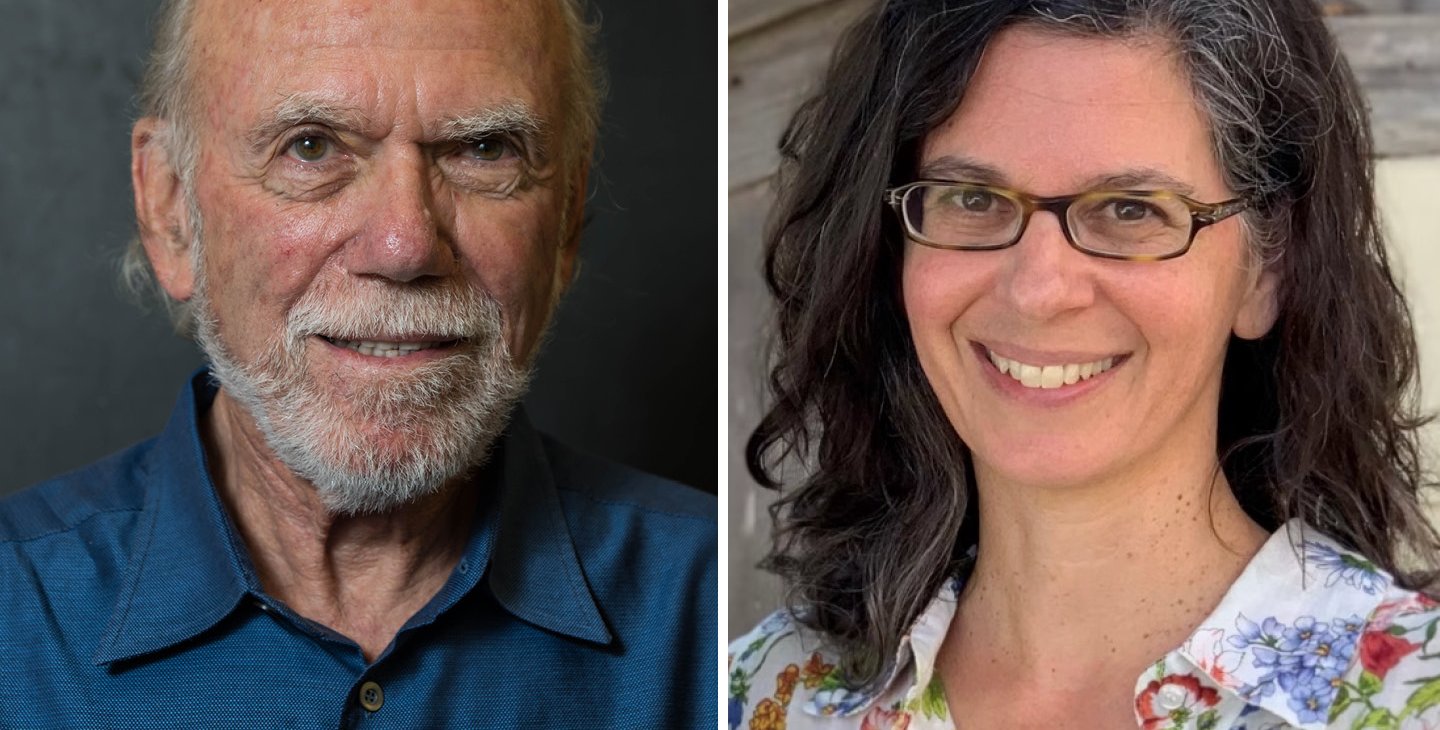 Two portraits, Barry Barish on the left and Dianne Newman on the right. Barish wears a navy blue shirt and has a white mustache and beard; Newman has long dark hair and glasses and wears a flowered shirt.