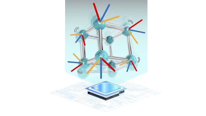 a conceptual image showing vibrating atoms in a crystal drawn with three axes representing tensor learning above a GPU chip
