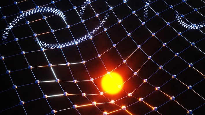 a central bright sphere distorting an atomic lattice on a dark background. Arching wavy lines above represent Feynman diagrams for electron-phonon interactions.