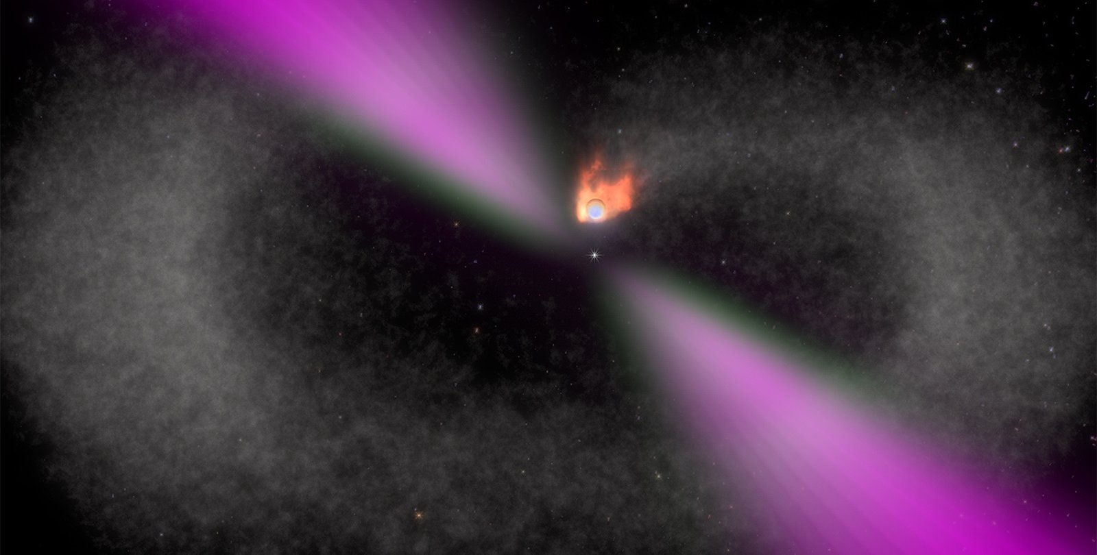 An illustration of a black widow pulsar destroying its companion.