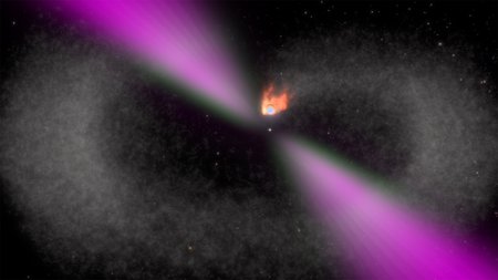 An illustration of a black widow pulsar destroying its companion.