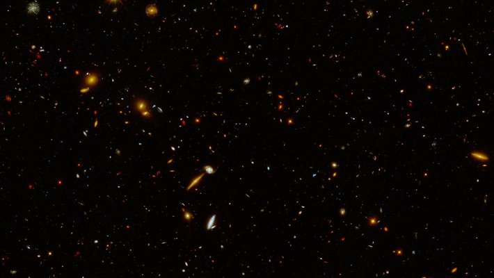 Hubble image of distant galaxies.