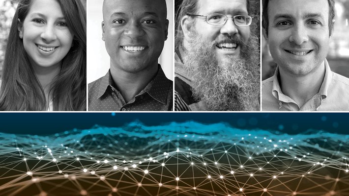 Black and white headshots of of four researchers on top of an image of dots and lines meant to represent data science