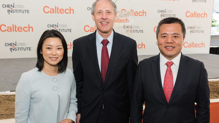 Chrissy Luo, Caltech President Thomas F. Rosenbaum, and Tianqiao Chen