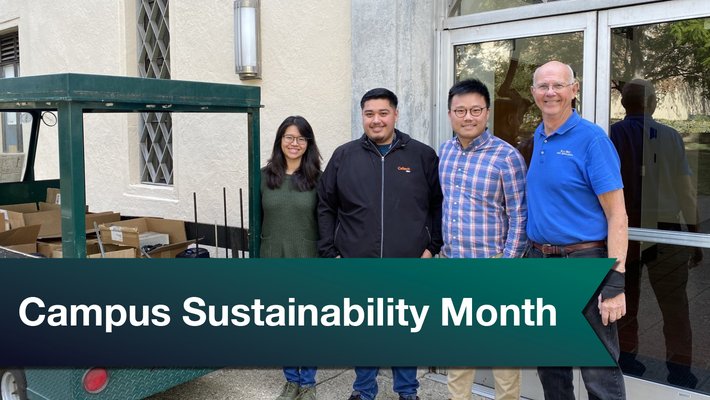 A group of people stand behind a digital banner that reads: Campus Sustainability Month