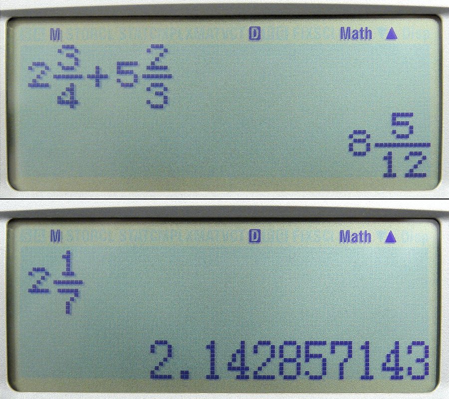 The screen of a calculator that is displaying some fractions being added together.