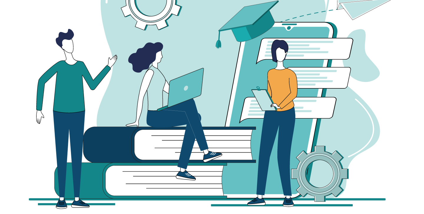 Illustration of 2 women and a man without faces, pictured with books, gears, and a paper airplane