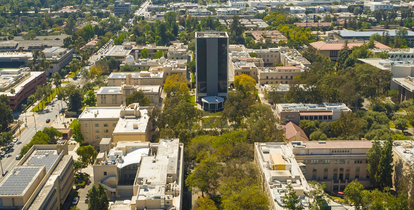 An aerial image of campus centered on Caltech Hall