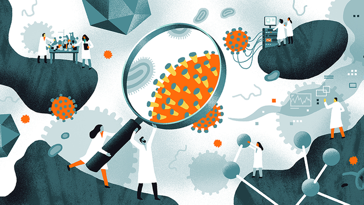 illustration of scientists researching the novel coronavirus