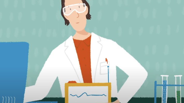 cartoon image of a scientist working at a lab bench