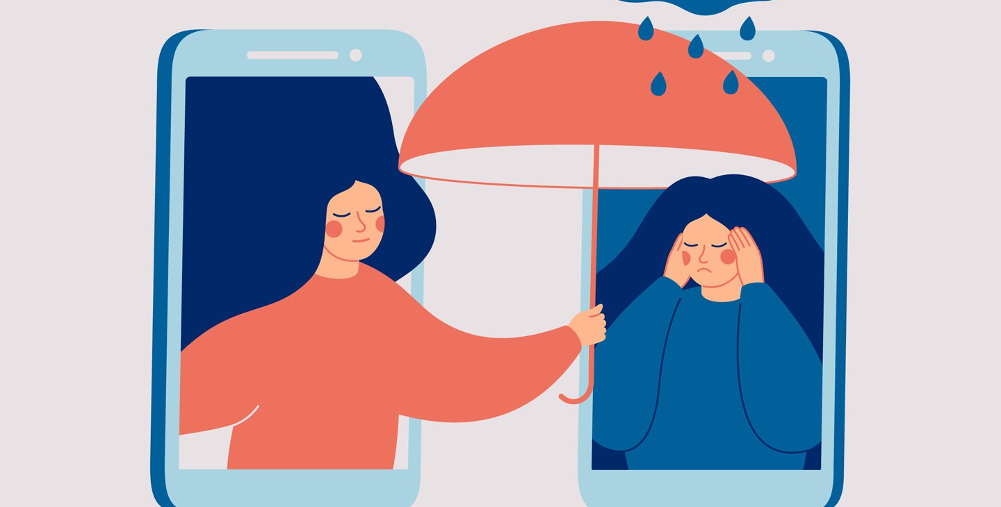 Illustration of two smartphone screens with one woman in each, woman on the left holding an umbrella over woman on the right to shield from raindrops