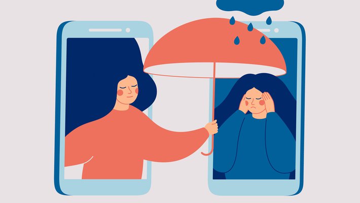 Illustration of two smartphone screens with one woman in each, woman on the left holding an umbrella over woman on the right to shield from raindrops