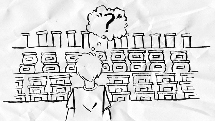 A cartoon sketch of a man standing confused in front of shelves with many items.