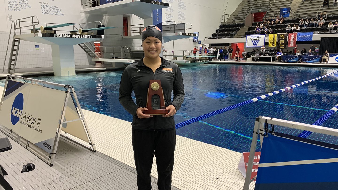 Rookie Catherine Deng became the first Caltech women's swim & dive All-American with an eighth-place finish in the 100 Fly. She also lowered her own program record earlier in the day to qualify for the top heat.