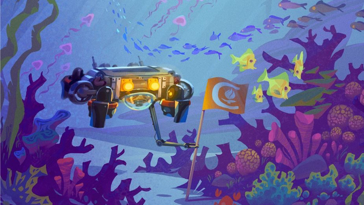 Underwater landscape with Caltech submersible and sea life