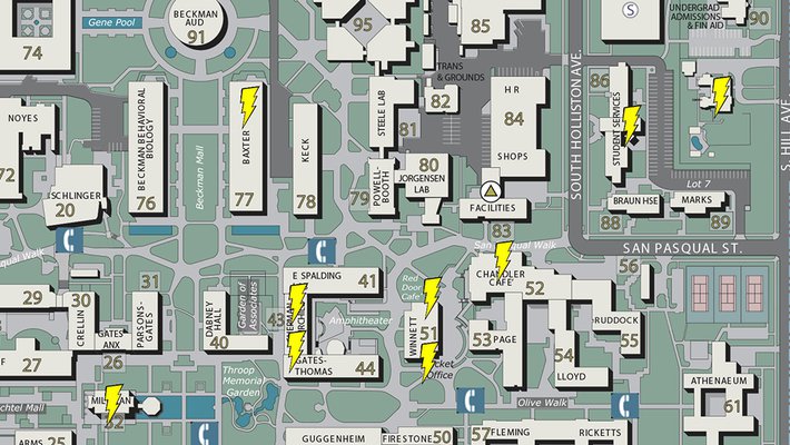Map indicates locations of charging stations.